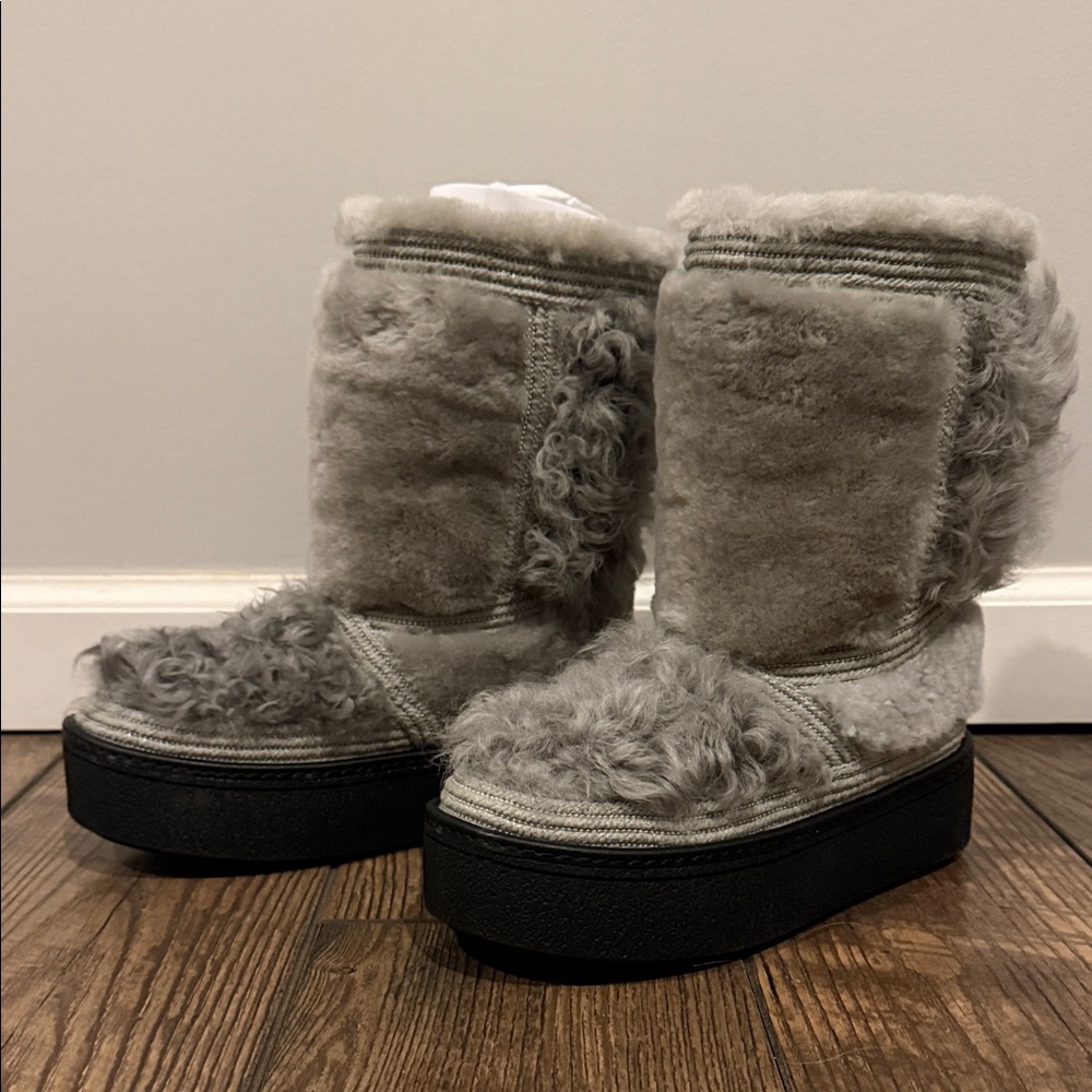 Gray Shearling Platform Boots